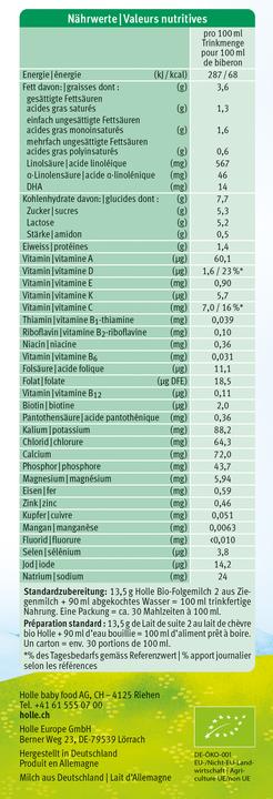 Nährwerte und Zutaten Holle Bio-Folgemilch 2 (460 g, ab 6 Monaten)