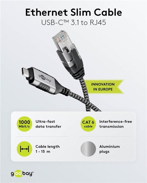 Produktbild Goobay Ethernet-Kabel USB-C 3.1 auf RJ45, Slim, 3 m (USB-C 3.1 Gen 1, RJ45 (1x))