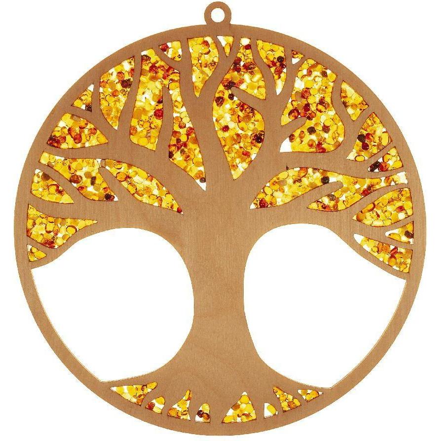 Jojo, Aussendekoration, Suncatcher Lebensbaum aus Birkenholz und Naturbernstein, Fensterdeko, Kunsthandwerk