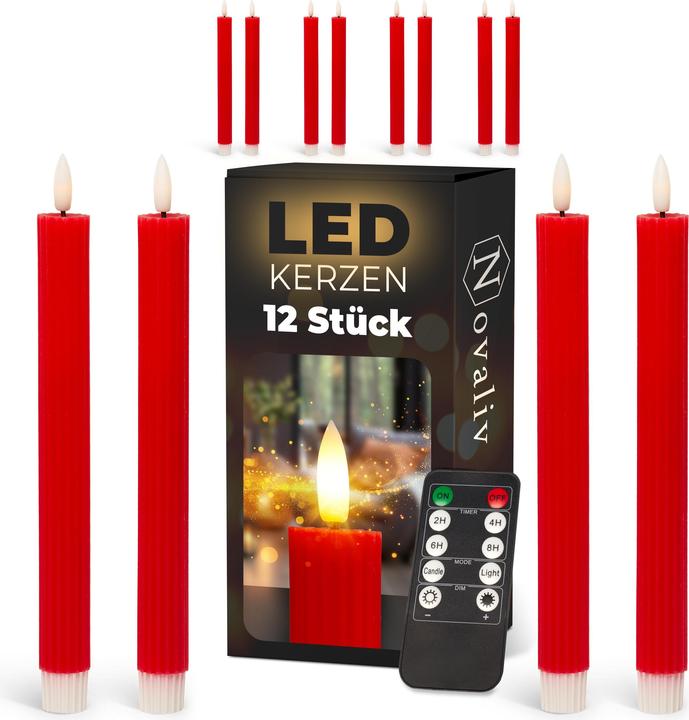 Produktbild Novaliv Stabkerzen LED mit Timer ROT 12 Stück indoor - 6 Stunden - ECHTWACHS gerippt 23cm Höhe für Kerzen (12x)