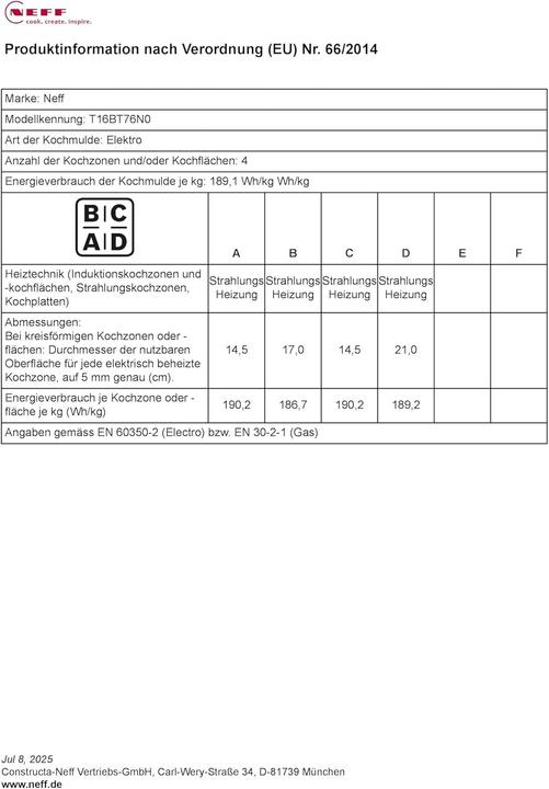 Nährwerte und Zutaten Neff TBT 1676 N