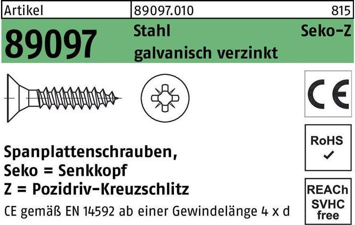 Produktbild Spanplattenschraube R 89097 SEKO Kreuzschlitz-PZ VG 3,5 x 30 -Z Stahl galvanisch verzinkt (1000 Schrauben pro Stück)