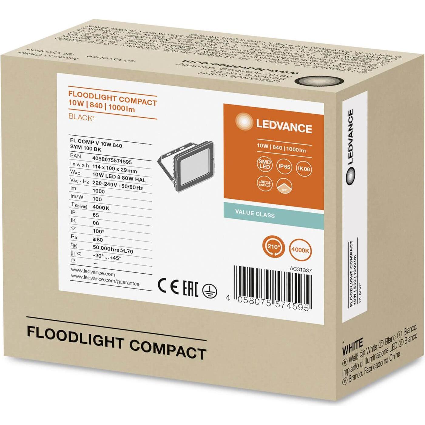 Thumbnail - Ledvance, Fassadenbeleuchtung, Projektor LED FLOOD COMPACT V 10W 840 SYM 100 BK 4058075574595 (1000 lm, IP65)