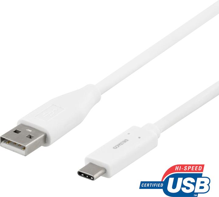 Produktbild Deltaco USB-C till USB-A kabel 1m 3A USB 2.0 vit (1 m, USB 2.0)