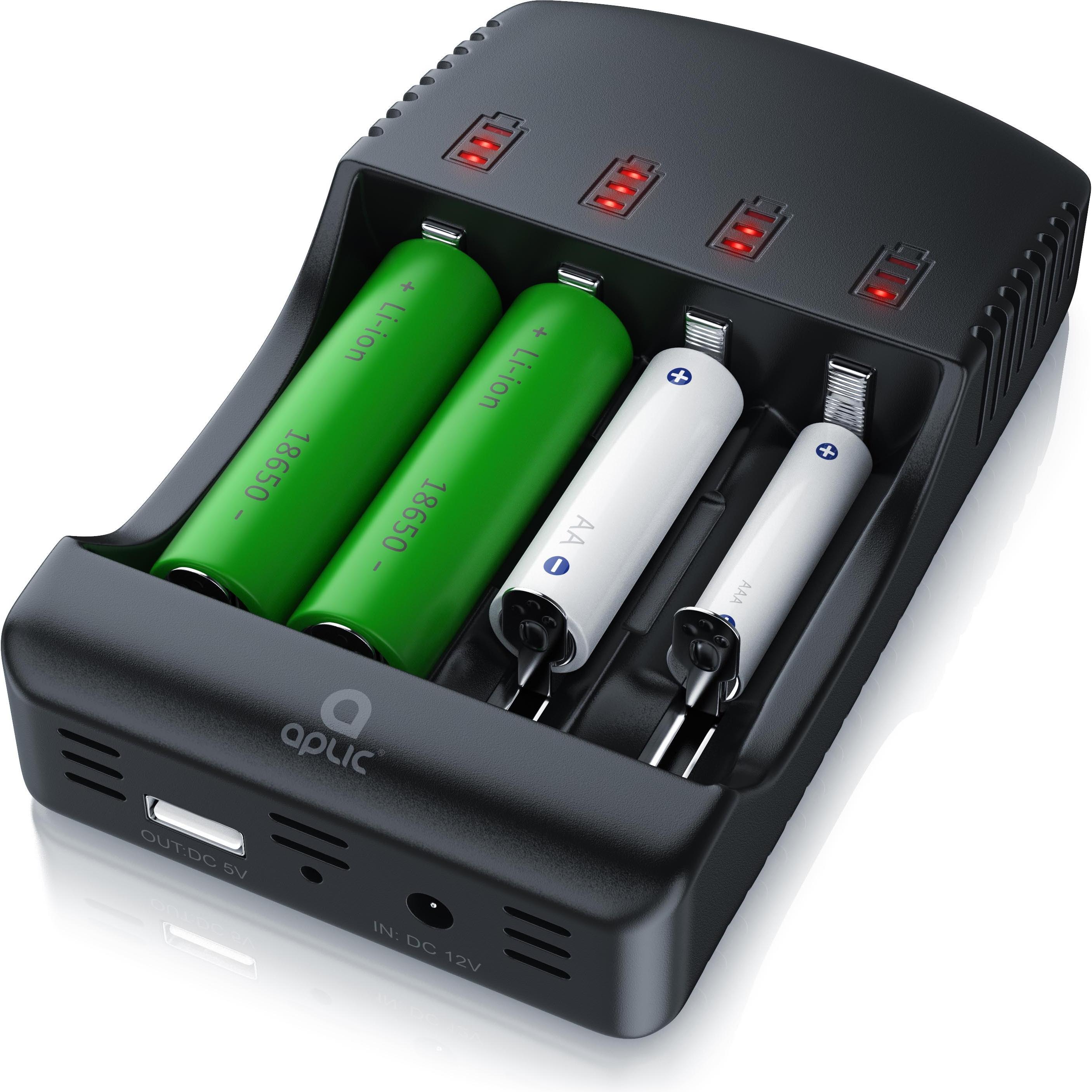 Aplic Batterie Ladegerät 2000 mA, Universal Akku Ladegerät mit USB Powerbankfunktion, 4x Aufladeschächte (A, C, AA, AAA,...