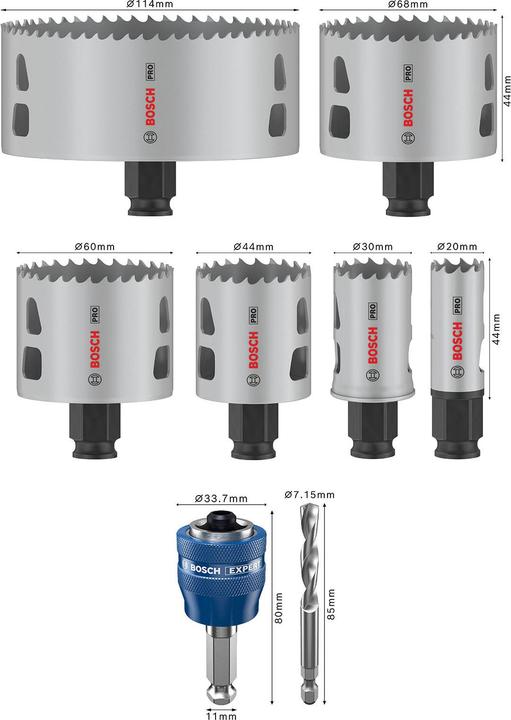 Immagine prodotto Bosch Professional Zubehör Set di seghe a tazza PRO Multi Material PC Plus, 8 pezzi. (44 millimetri, 20 millimetri, 30 millimetri, 60 millimetri, 68 millimetri, 114 millimetri)
