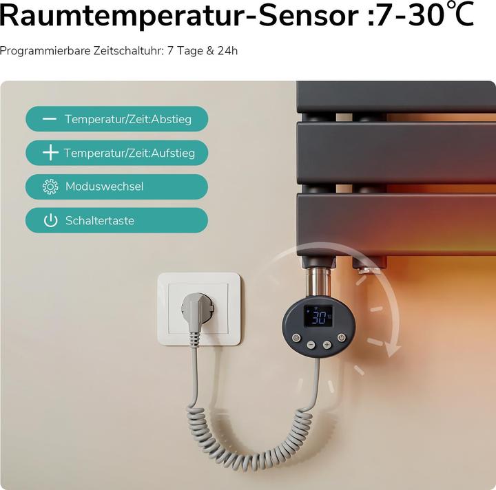 Produktbild Emke Elektrischer Handtuchwärmer mit Heizstab und Timer, Anthrazit 1320x600mm 800W (800 W)