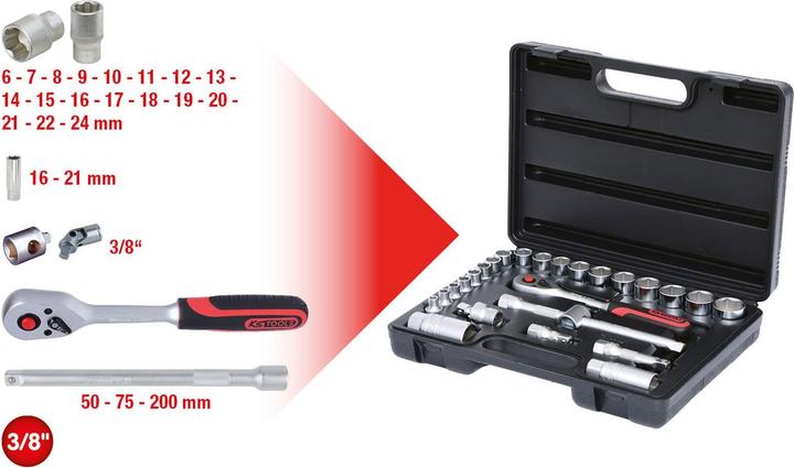 Actual product image KS Tools 3/8 Steckschl.-Satz 26-tlg. (14 mm, 21 mm, 18 mm, 17 mm, 20 mm, 22 mm, 12 mm, 13 mm, 11 mm, 15 mm, 19 mm, 16 mm, 23 mm, 24 mm, 10 mm)