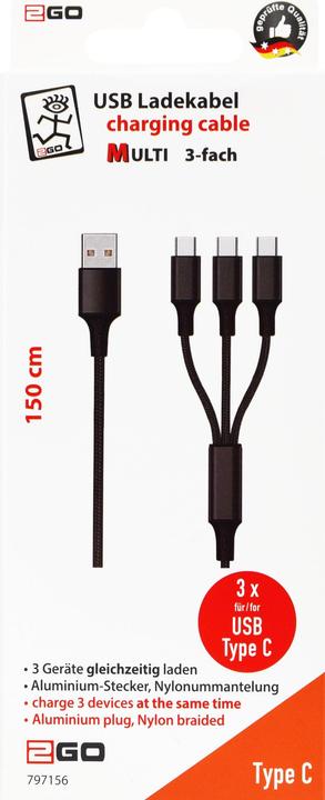 Produktbild 2GO USB A – 3x USB Typ C (1.50 m, USB 2.0)
