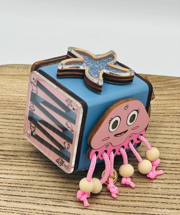 Actual product image Activity Board Busy Cube, wooden motor skills cube, Waldorf sensory learning toy, activity cube, puzzle mermaid and