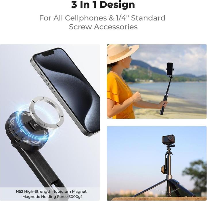 Image du produit K&F Concept MS-52 1.8M Magnetic Selfie Stick With Bluetooth Remote Control, 1/4 Screw, Phone Holder