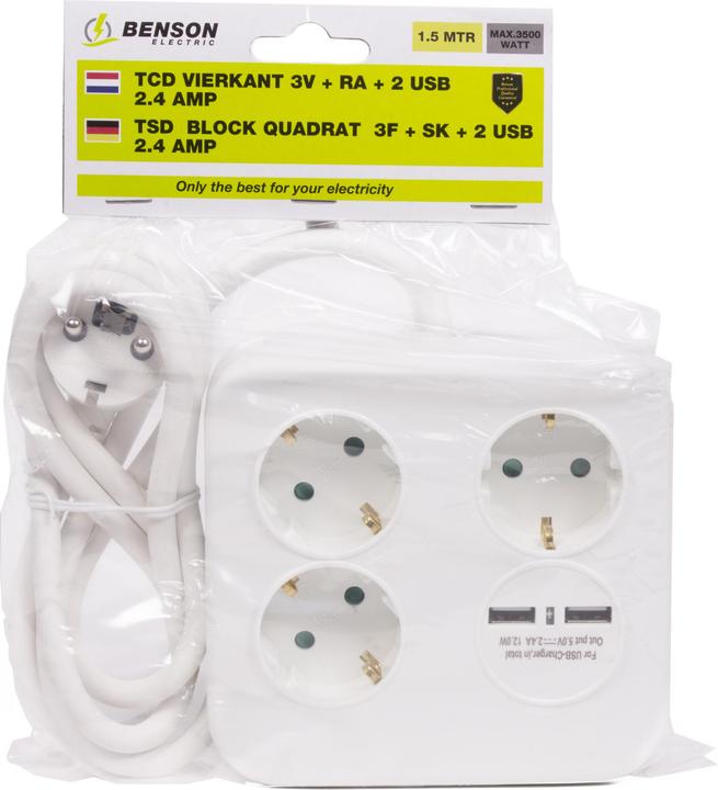 Produktbild Benson Electric Verlängerungssteckdose 3-fach + Erde + 2 USB 2.4a (3x, CEE 7/3, 1.50 m)