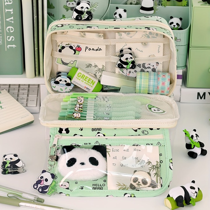 Image du produit Only-Bags.Store Geräumiges Federmäppchen mit Panda-Motiv - strapazierfähiges Oxford-Gewebe, mehrlagiger Organizer