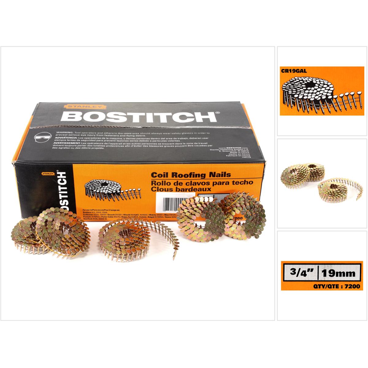 Bostitch, Tackerklammern + Tackernägel, CR19GAL Galvanisierte Dachpappnagel 3.05-19 GAL8 7.2M 3/4" / 19 mm glatt - 7200 ...