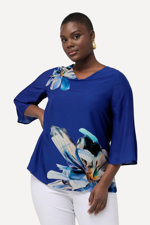 Produktbild Ulla Popken Bluse, Blüten, Oversized, V-Ausschnitt, 3/4-Glockenärmel (58)