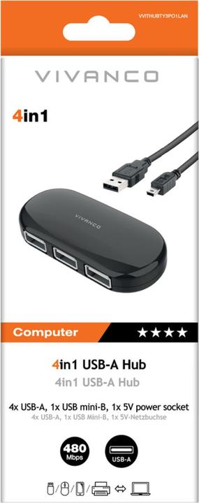 Image du produit Vivanco USB 2.0 Hub, 4-Port (USB-A, 4 ports)