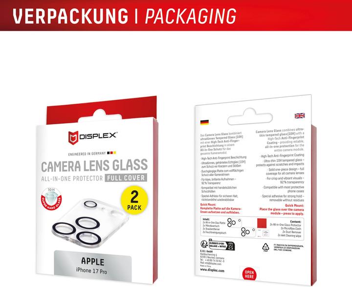 Produktbild Displex Full Cover Camera Lens Glass, Kamera Schutzglas, Platte, Doppelpack (2 Stück, Apple iPhone 17 Pro)