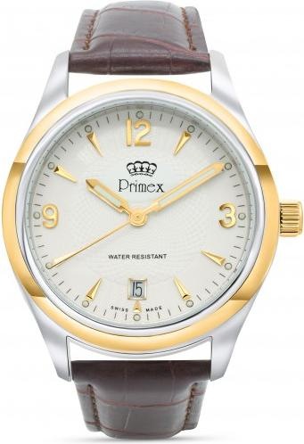 Produktbild Primex Montre Swiss Made - Bracelet Cuir Brun - Cadran Bicolore Blanc - Etanche 50 M (Analoguhr, 25 mm)