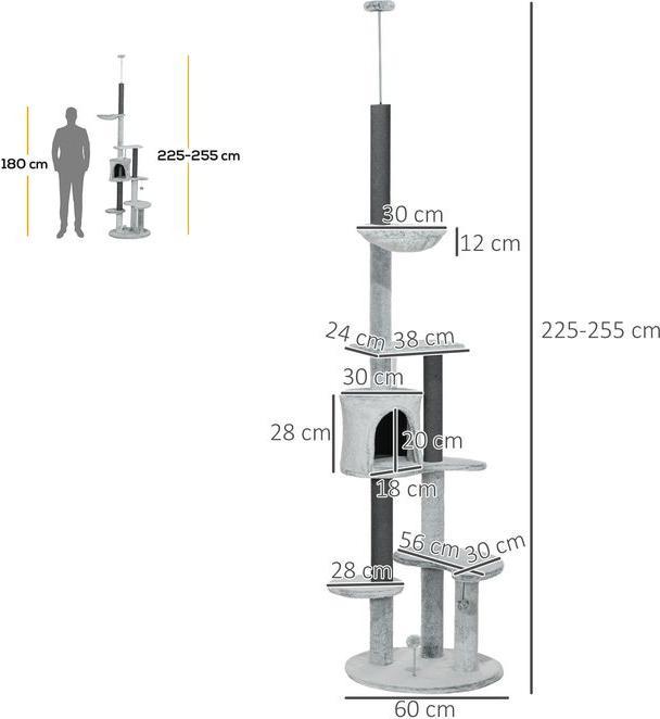 Actual product image Swisshandel24 Scratching post ceiling high, 225-255 cm with cat cave, scratching posts, basket, play ball, grey (Grey)