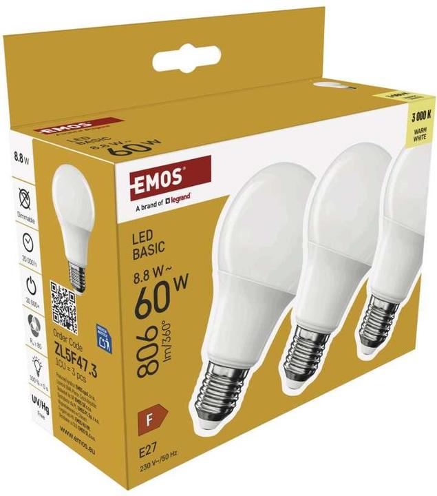 Produktbild Emos LED Lampe Basic A60 / E27 / 8,8 W (60 W) / 806 lm / Warmweiss (E27, 806 lm, 3x)