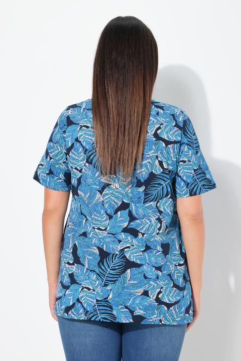 Immagine prodotto Ulla Popken T-shirt dal taglio svasato con foglie, scollo a V e mezze maniche ad aletta (62)