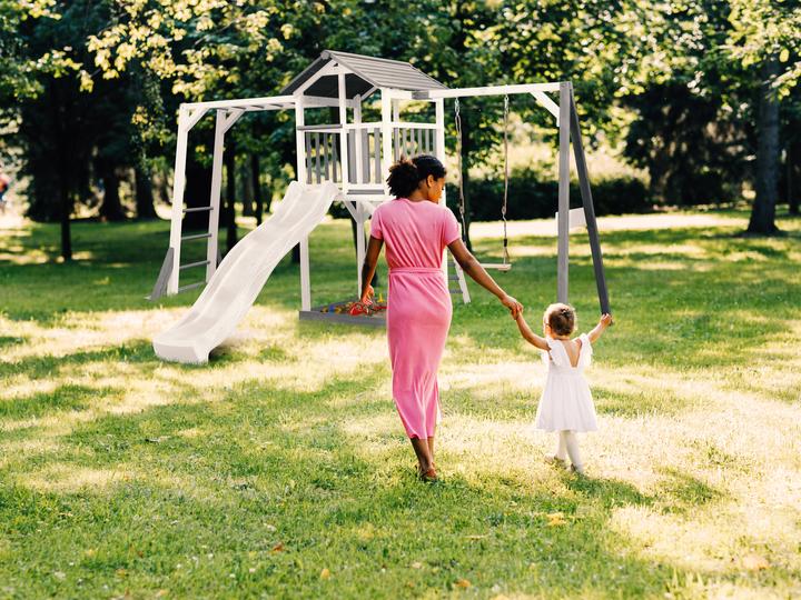 Actual product image Axi Beach Tower Play Tower with Climbing Frame and Single Swing - White Slide
