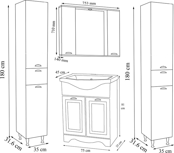 Produktbild VCM 5-tlg. Waschplatz Waschtisch Breite 75 cm Badmöbel Set Waschbecken Spiegelschrank Hochschrank