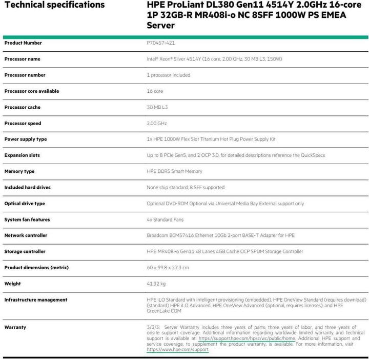 Nutritional values and ingredients HP PROLIANT DL380 GEN11 (2.10 GHz)