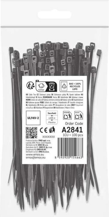 Produktbild Emos Kabelbinder 100×2,5, schwarz, 100 Stk (Kunststoffkabelbinder, 100 mm, 100 Stk.)