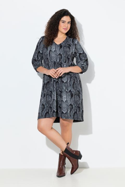 Image du produit Ulla Popken Robe en jersey évasée à col en V et manches 3/4, imprimé animal (54)