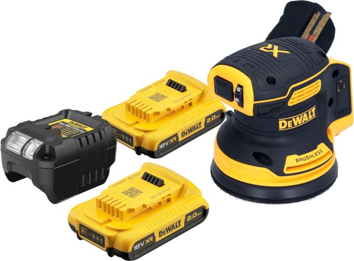1x levigatrice rotorbitale a batteria DeWalt DCW 210, 2x batteria DeWalt DCB 183 18 V 2.0 Ah, 1x caricabatteria DeWalt DCB 1102