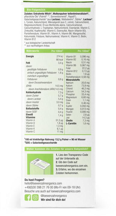 Nutritional values and ingredients Löwenzahn Organics Follow-on milk organic (500 g, from 6 m.)