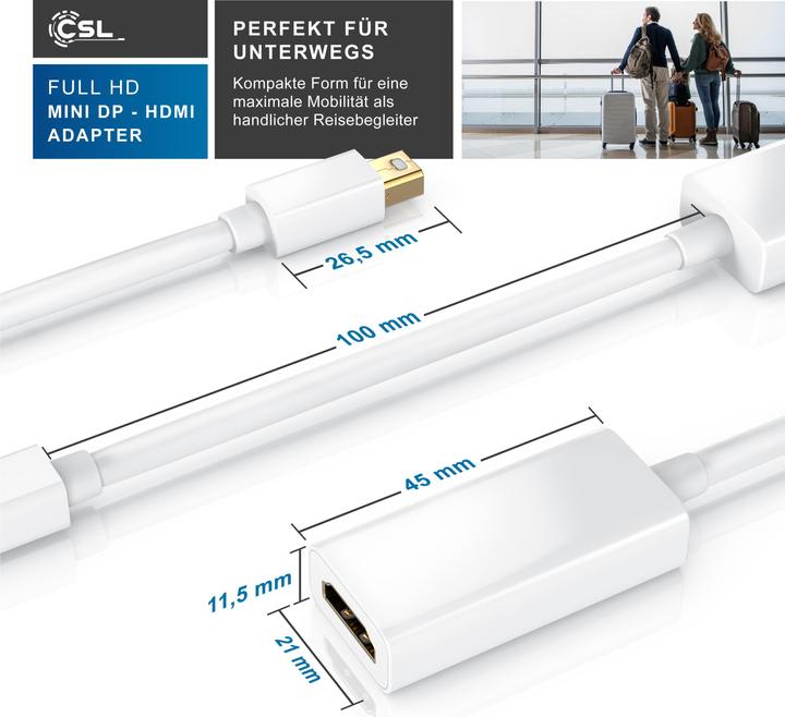 Produktbild CSL Mini DisplayPort zu HDMI Adapter, Full HD MiniDP zu HDMI Buchse Konverter / Adapterkabel - 0,15m (HDMI, 10 cm)