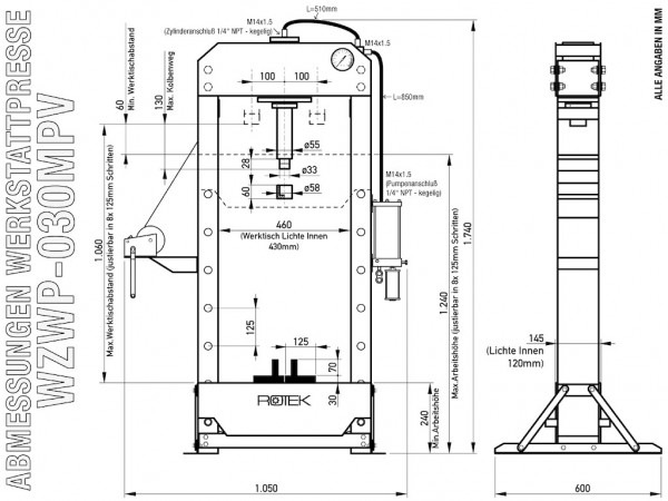 Produktbild Rotek - Werkstattpresse WZWP-030MPV 30T pneumat. - adjust.