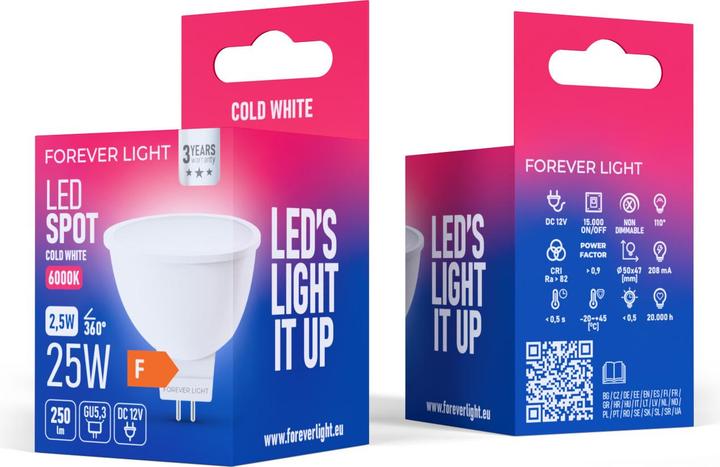 Immagine prodotto Forever Light LED Bulb GU5,3 MR16 2.5W 250lm 6000K 12V class F (GU5.3, 250 lm, 100x)