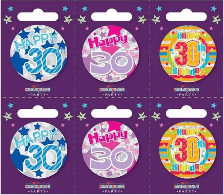 Actual product image Kaleidoscope Assorted Designs 30th Birthday Badge (Pack of 6)