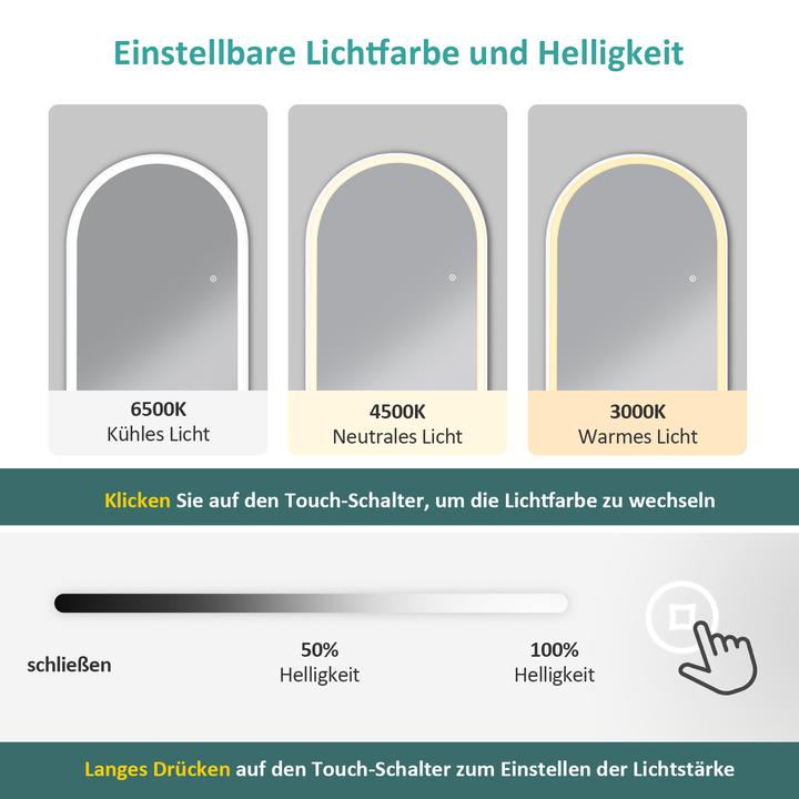 Actual product image Emke Arch Freestanding Mirror with Illumination, 3 Colour Temperatures, Aluminium Frame, 60*160cm, White (60 x 160 cm)