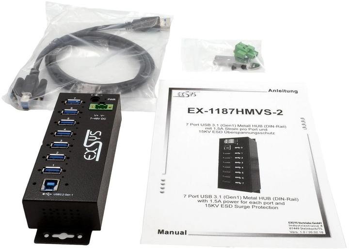 Immagine prodotto Exsys HUB USB 3.2 Gen1 a 7 porte, incl. cavo USB+kit di montaggio, 15kV ESD (USB-B, 7 porte)