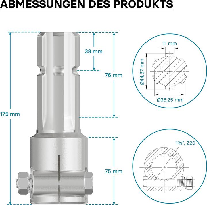 Actual product image Wiltec Adaptor Sleeve for PTO Shaft 175 mm w/ 1 3/4" 20N Spline Housing and 1 3/4" 6T Output Shaf (Tractor accessories)