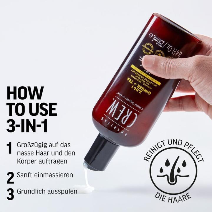 Immagine prodotto American Crew Shampoo, balsamo e lavaggio corpo 3 in 1 allo zenzero e al tè (450 ml)