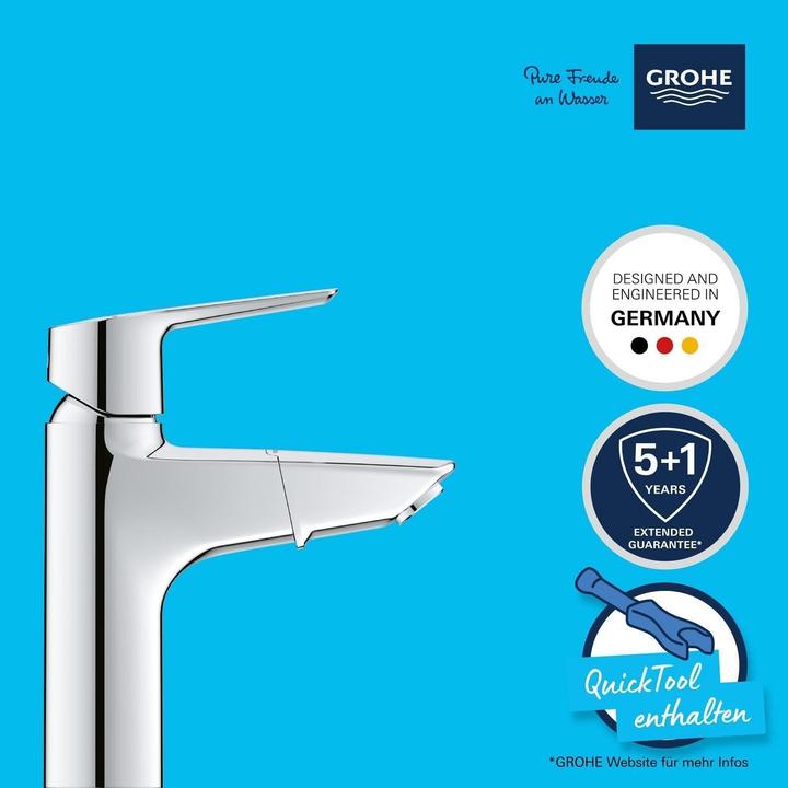 Actual product image Grohe Start QuickFix Lavaboarmatur, herausziehbare Auslauf, Push-Open Ablauf, M-Size, Chrom