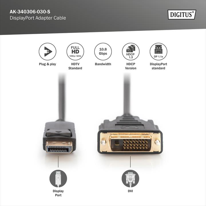 Productafbeelding Digitus DisplayPort - DVI (3 m, DisplayPort, DVI, 1.1)