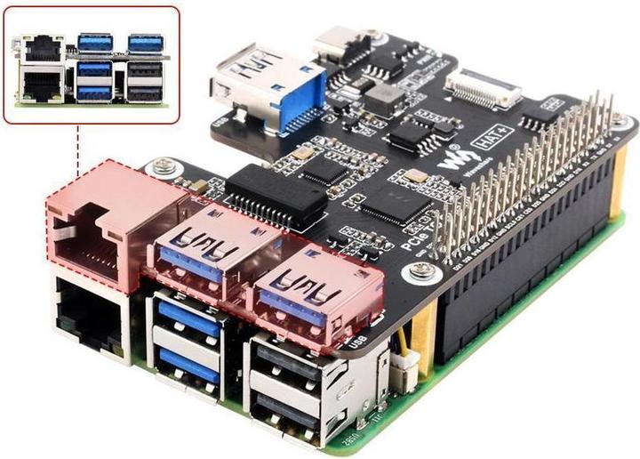 Immagine prodotto Raspberry Pi EB121908 - HAT da PCIe a Gigabit Ethernet e USB 3.2 Gen1 per 5, 3x USB 3.2 Gen