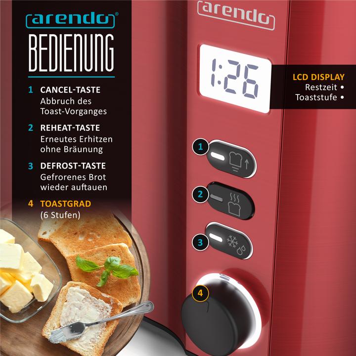 Produktbild Arendo 4 Scheiben Toaster Langschlitz Edelstahl, Doppelwand, Brötchenaufsatz, Display mit Restzeitanzeige