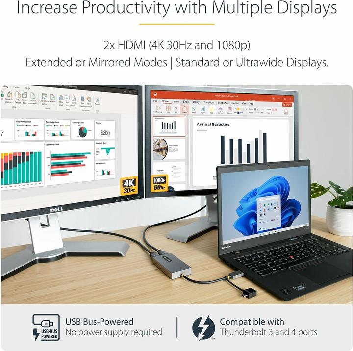 Actual product image StarTech com USB to Dual HDMI Adapter, USB A/C to 2x HDMI Displays (1x 4K30Hz, 1x 1080p), Integrated (USB-C, USB-A, 10 cm)