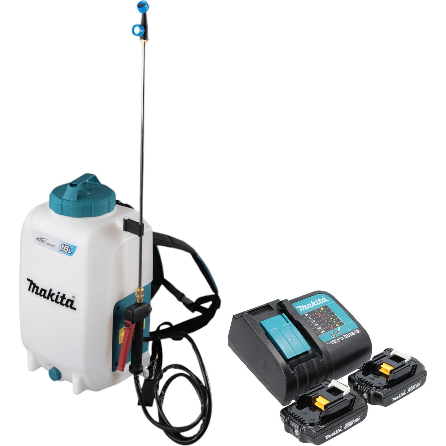 Makita, Sprühflasche, DUS 158 SA2 Akku Druckspritze 18 V 15 l 5,0 bar + 2x Akku 2,0 Ah + Ladegerät (15 l)
