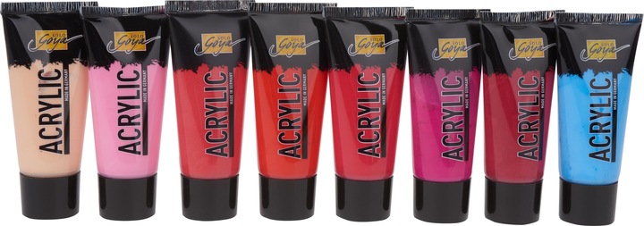 Produktbild Solo Goya Acrylic Set (Beige, Kobaltblau, Lichtgrün, Oxydbraun dunkel, Elfenbein, Laubgrün, Coelinblau, Gelbgrün, Ultramarinblau, Türkis, Violett, Echtorange, Permanentgrün, Primärblau, Dunkelbraun, Goldocker, Rosé, Terracotta, Lichtblau, Weinrot, Karminrot, Echtgelb hell, zinnoberrot, 640 ml)