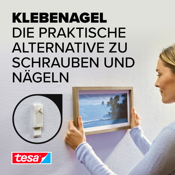 Produktbild tesa Klebenagel für Tapete & Putz, 0,5kg Halteleistung, spurlos ablösbar & wiederverwendbar, 2 Nägel