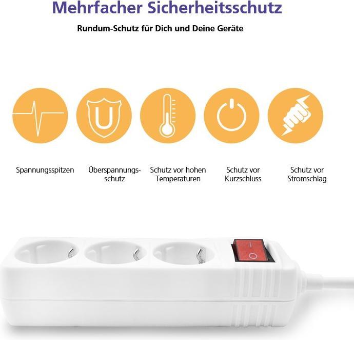 Actual product image Helos CLASSIC socket strip, 3-way, white, 3.0m, with switch (3x, 3 m)