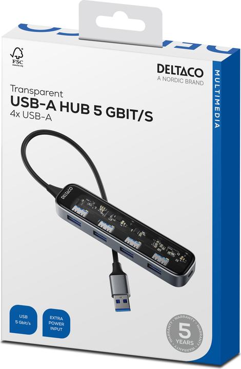 Produktbild Deltaco USB-A-Hub mit 4x USB 5 Gbit/s transparent (USB-A, 4 Ports)